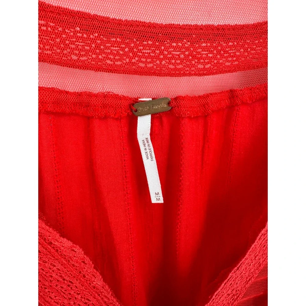 Free People Blouse Womens Medium Red Lace Trim Boho Peplum Tassel V-Neck